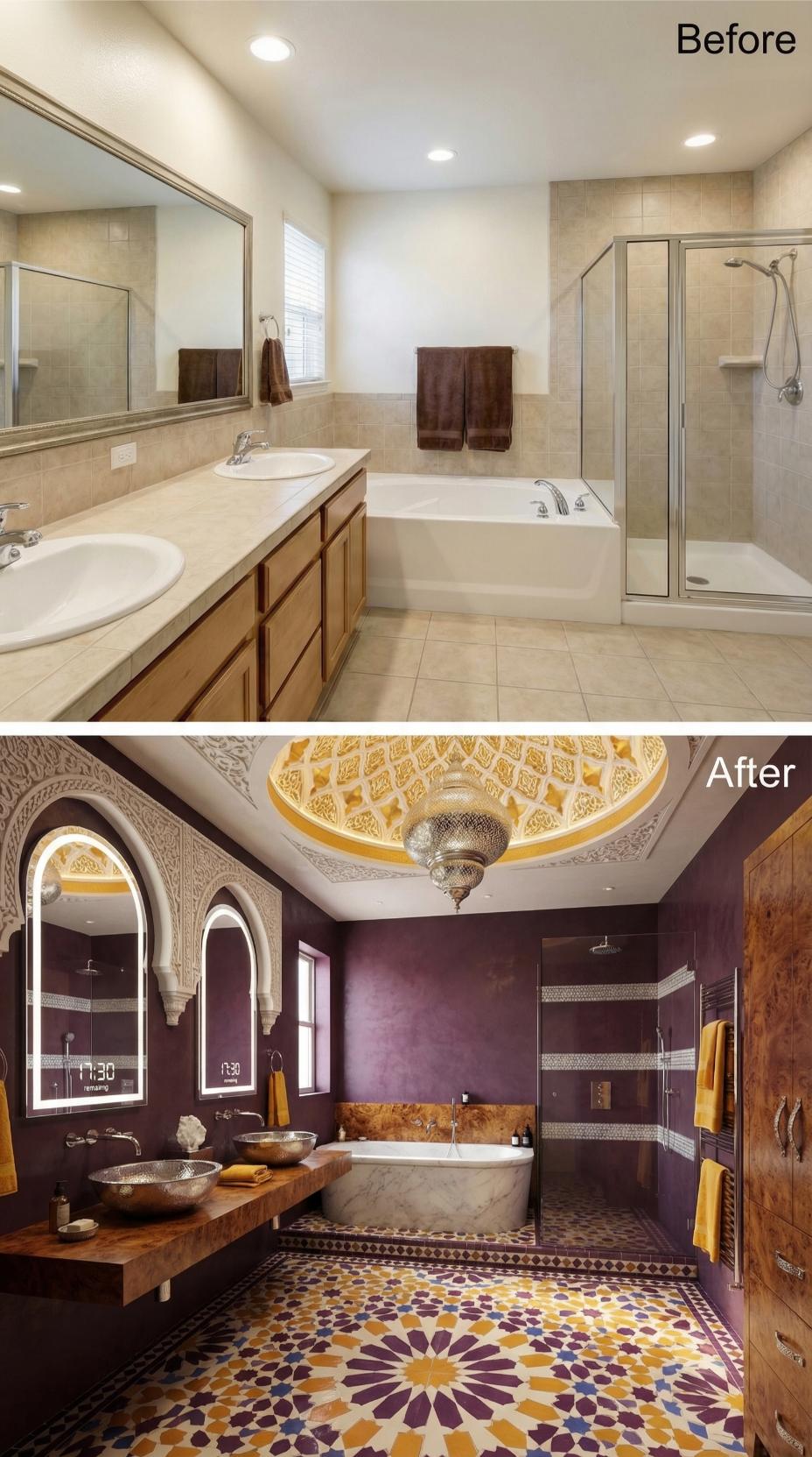 Purple Venetian Plaster and a Zellige Floor Buried Builder Beige in One Gut Renovation