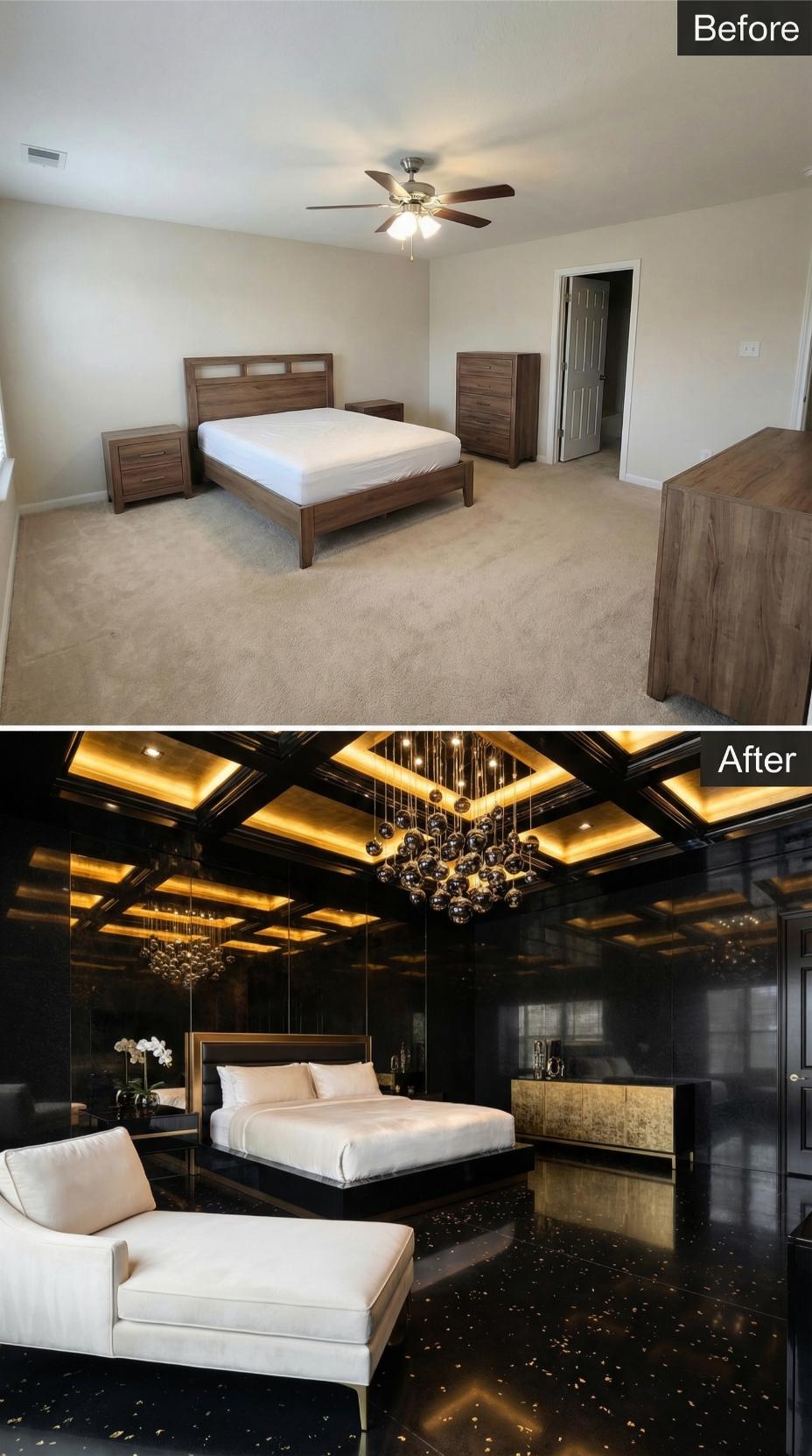 Black Lacquered Walls and Coffered Gold Ceiling Vault High-End Drama