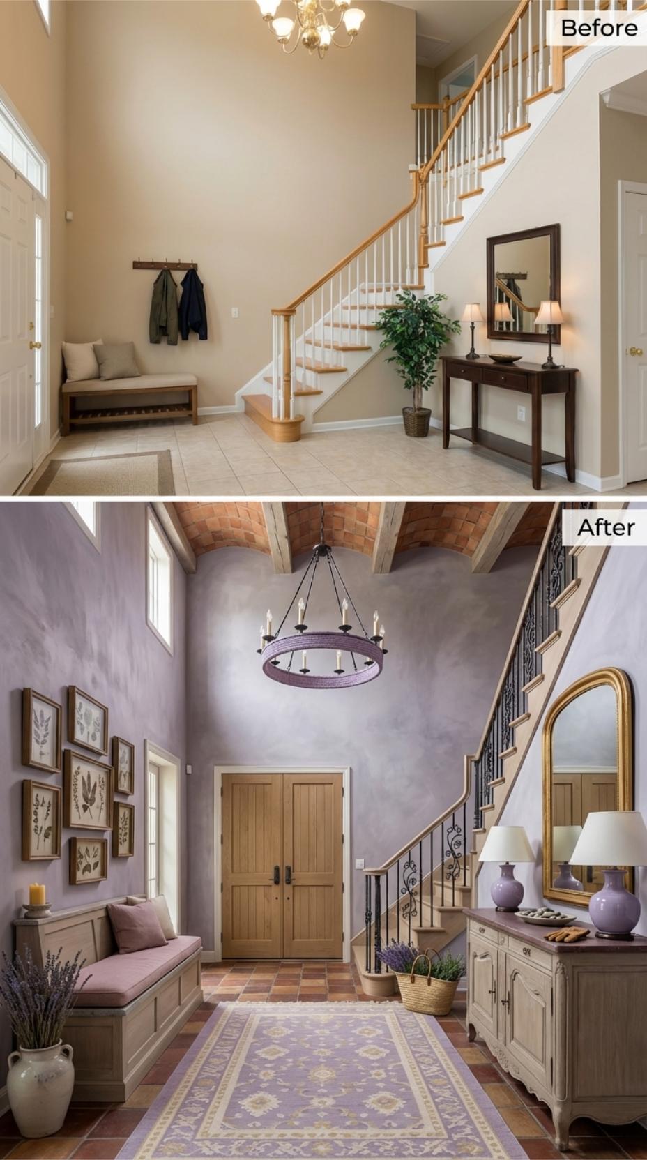 Lavender Plaster Walls and Wrought Iron Balusters Replace Builder Beige