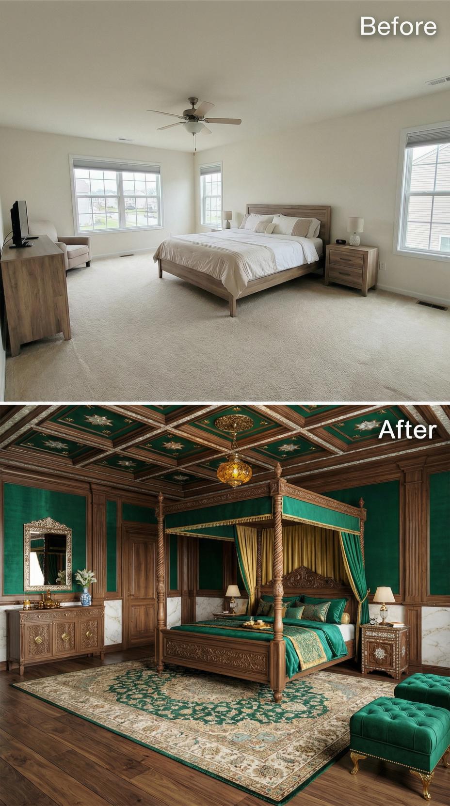 Emerald Velvet, Coffered Ceilings, and a Four-Poster That Earns Every Inch