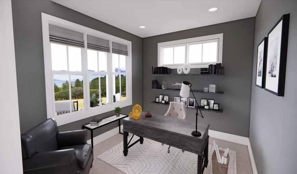 Gray Walls and Floating Shelves Shape a Home Office Built for Focus