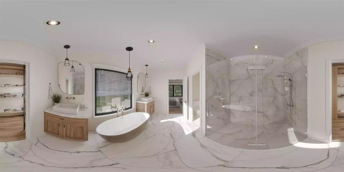 Marble Walls, Freestanding Tub, and Cage Pendants Make This Primary Bath Feel Spa-Like