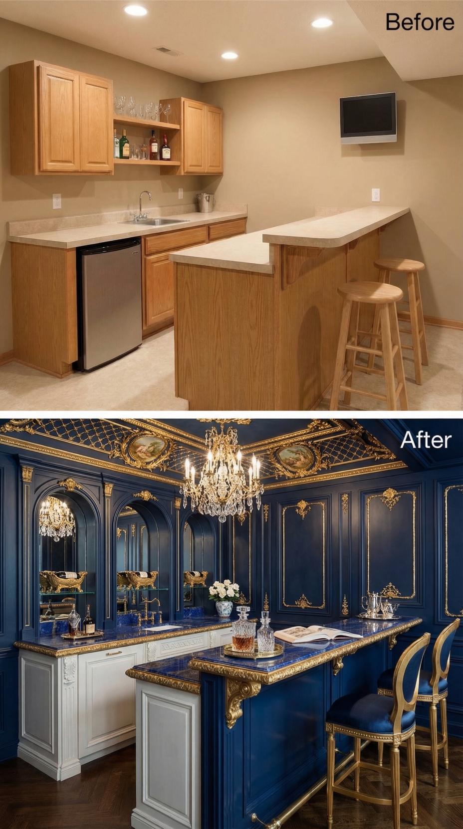 Navy Lacquer and Gilt Molding Replace Beige Oak Wet Bar