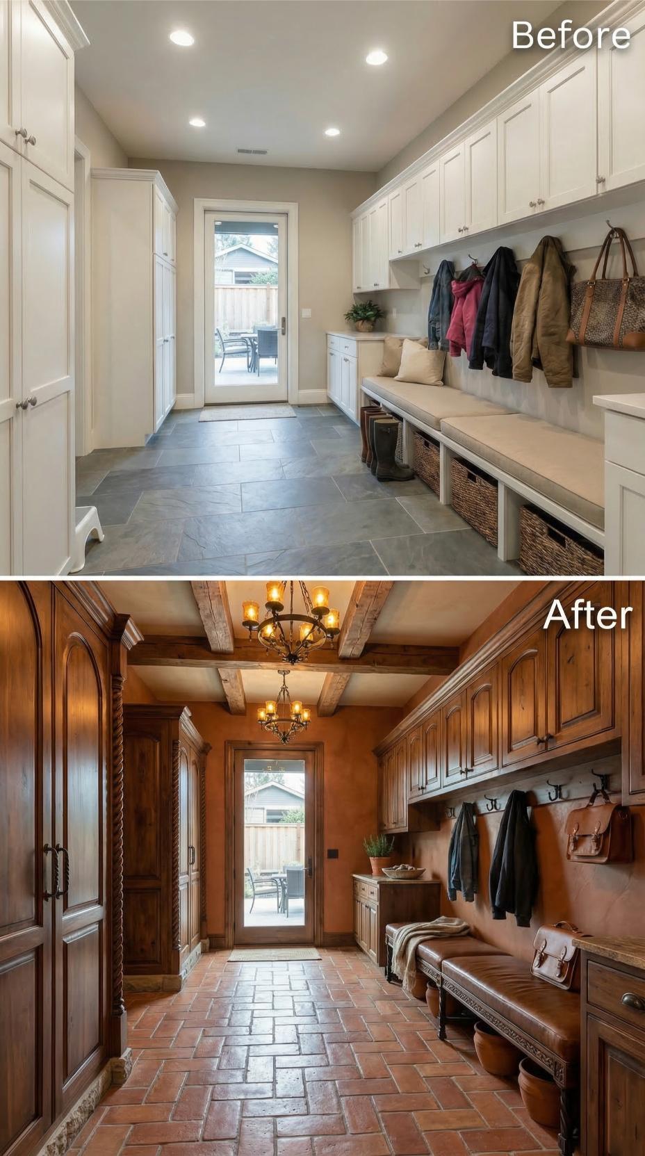 Exposed Beam Ceiling and Rich Wood Cabinetry Replace Clean White Shaker