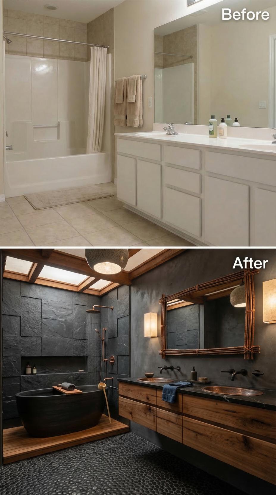 Charcoal Slate Walls and Copper Fixtures Replace Beige Tile Standard