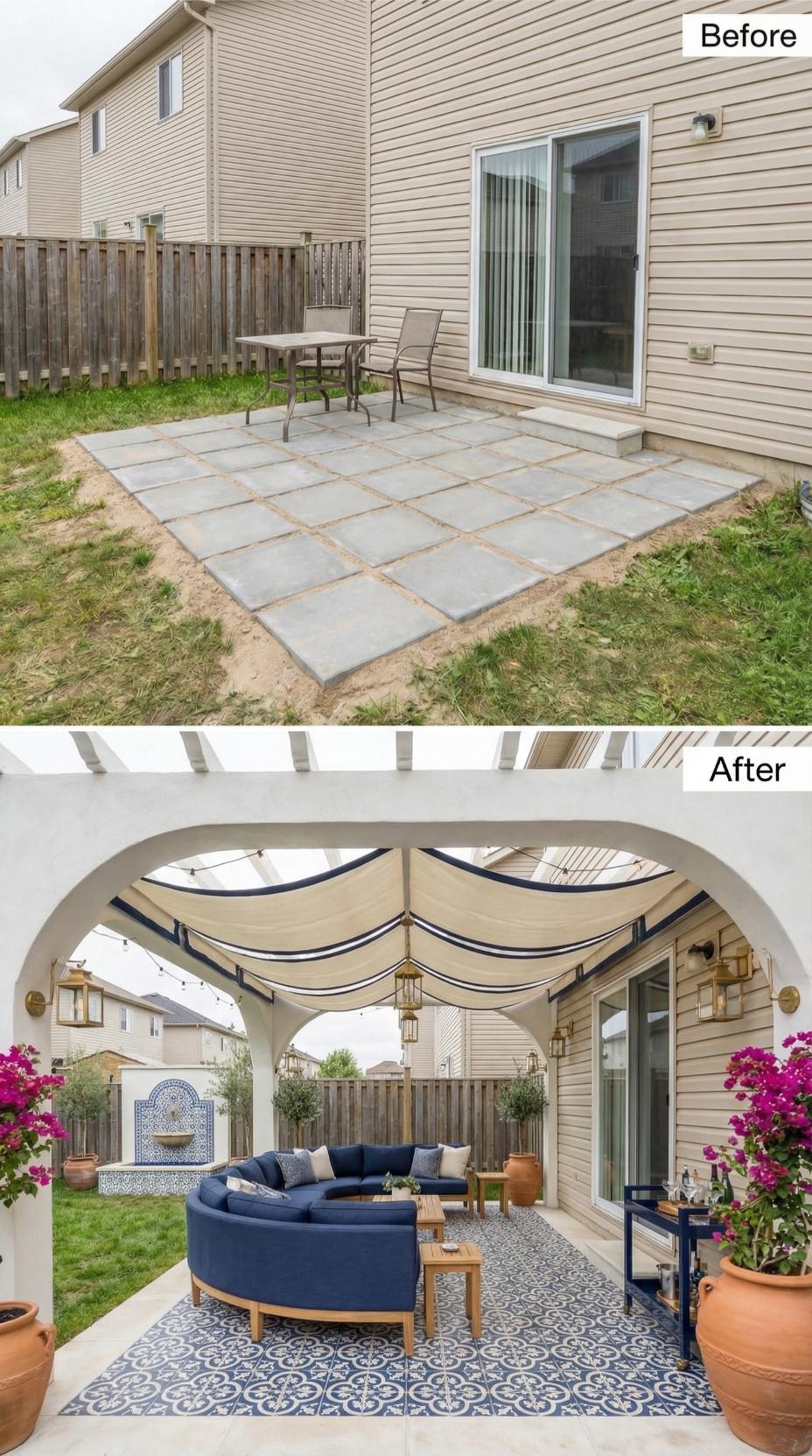 Sparse Pavers Buried Under Curved Pergola with Draped Canvas Canopy