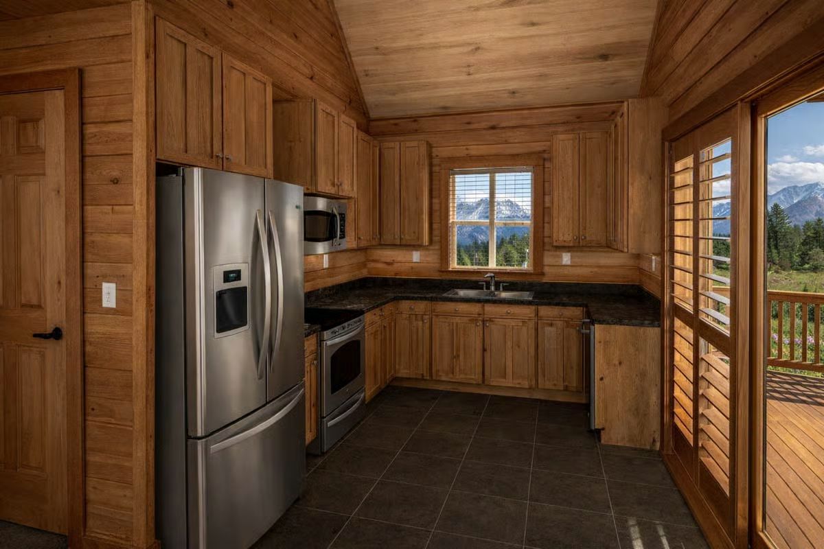 Kitchen Wrapped in Natural Wood with Mountain Views Through Every Window