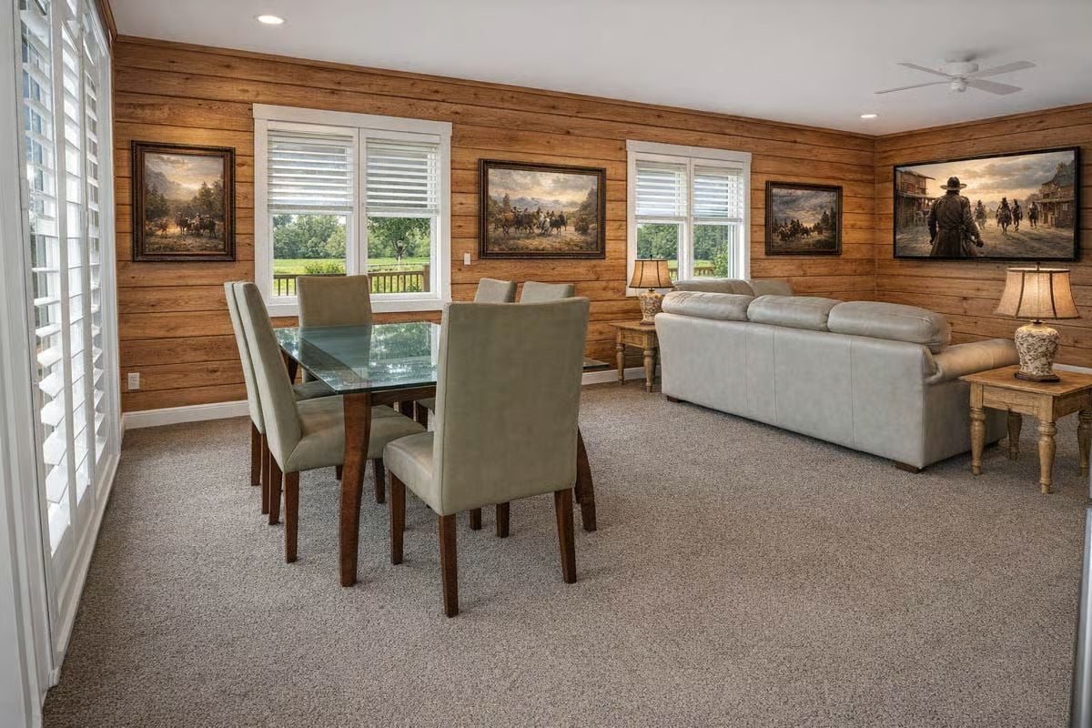 Open-Plan Living and Dining Room Clad in Horizontal Wood Planking