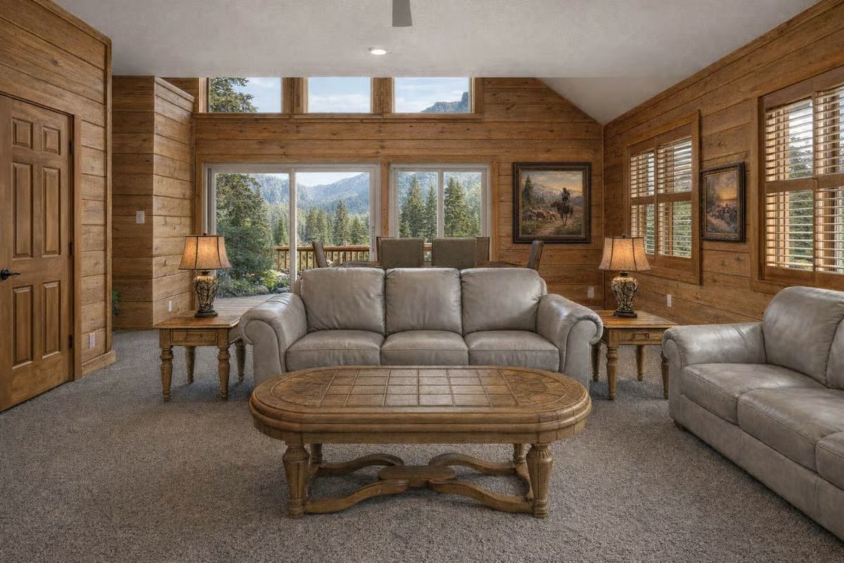 Gray Leather Furnishings and Vaulted Ceiling Frame Panoramic Forest Views