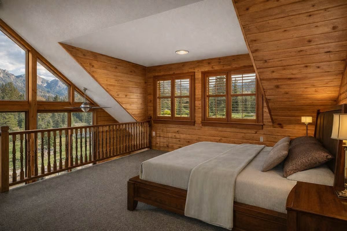 Loft Bedroom with Sloped Wood Ceiling and Balcony Overlook