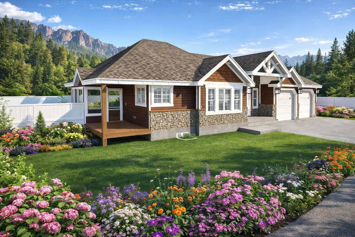 Mountain Retreat with Vibrant Gardens and Natural Stone Accents