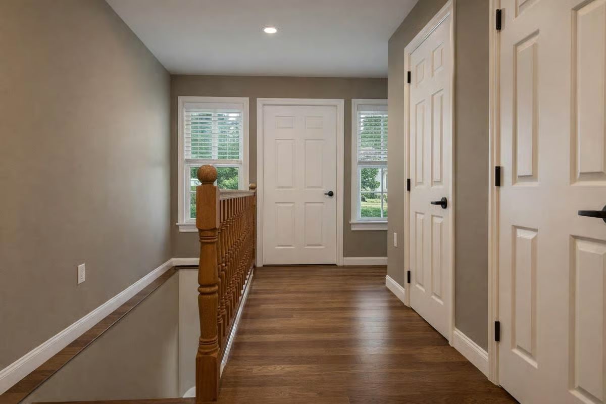 Upstairs Landing with Warm Wood Railing and Multiple White Doors