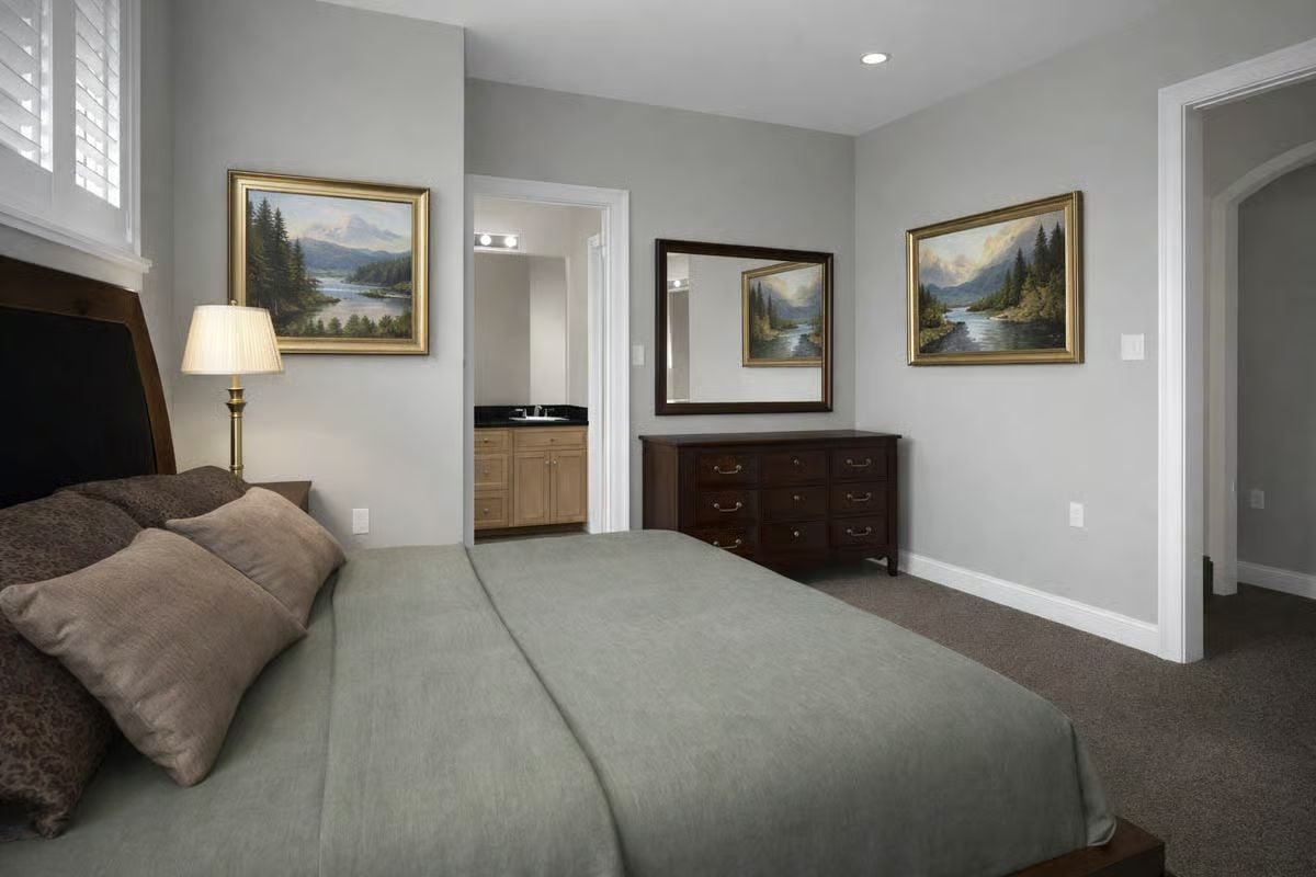 Sage Bedding and Dark Wood Dresser Ground a Master Suite Built for Quiet