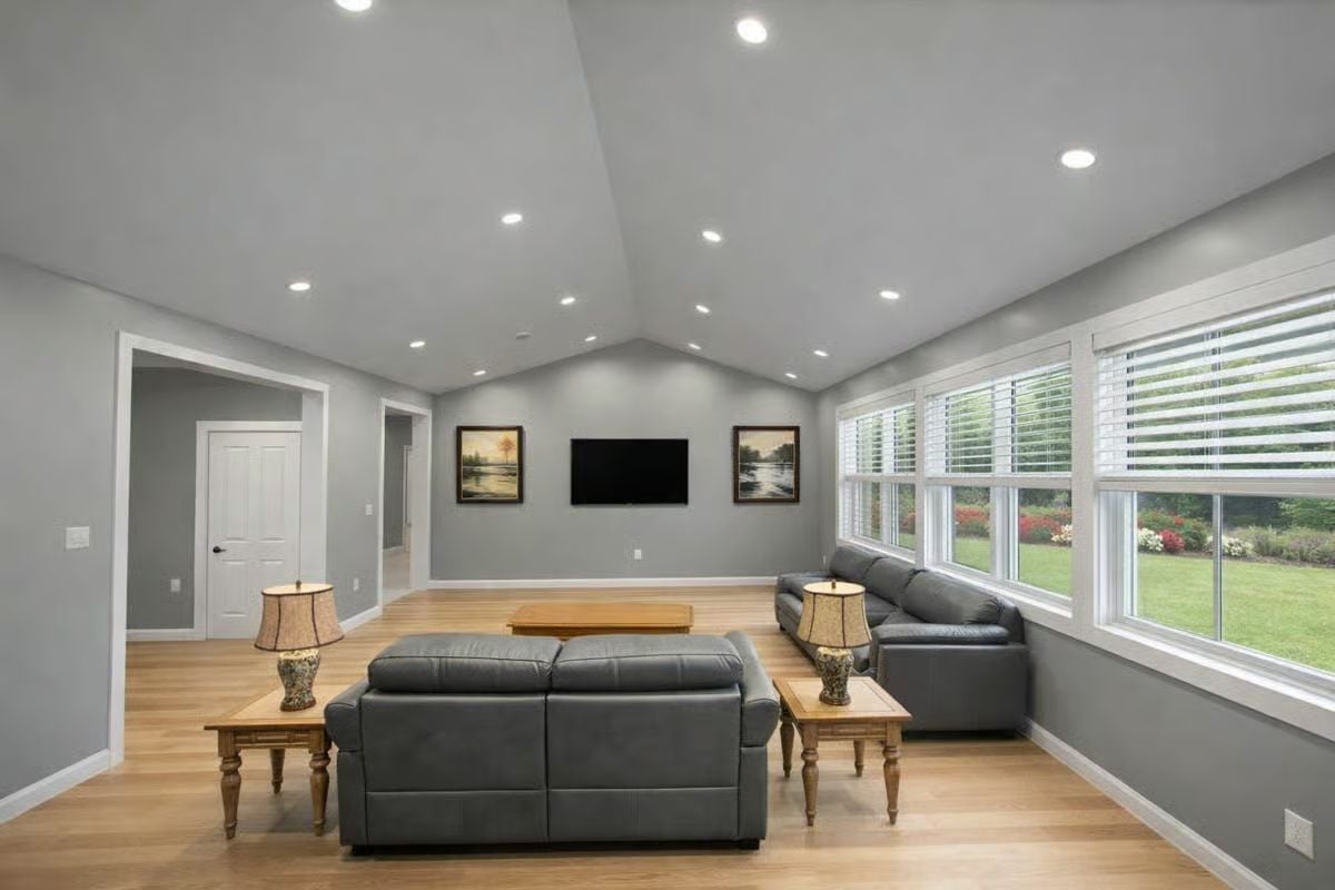Vaulted Ceilings and Leather Sofas Define This Casual Living Space