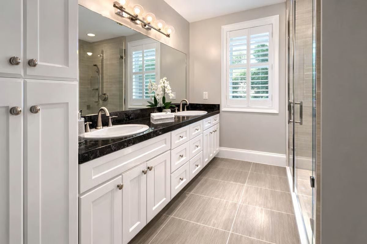 Double Vanity with Black Granite Sets a Polished Tone in the Master Bath