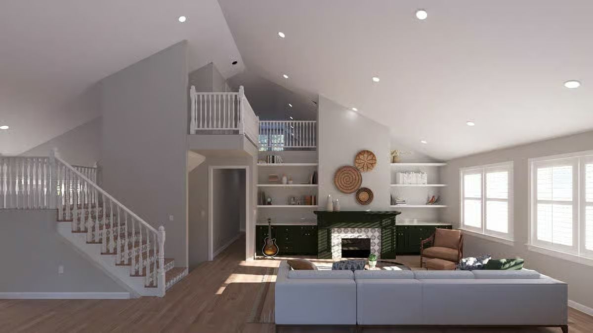 Vaulted Ceilings and Built-Ins Anchor This Craftsman Living Room