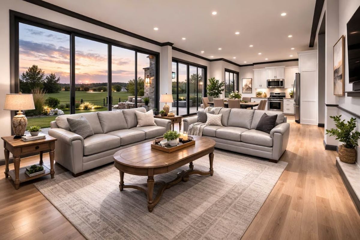 Gray Leather Sofas and an Oval Coffee Table Anchor This Open Great Room