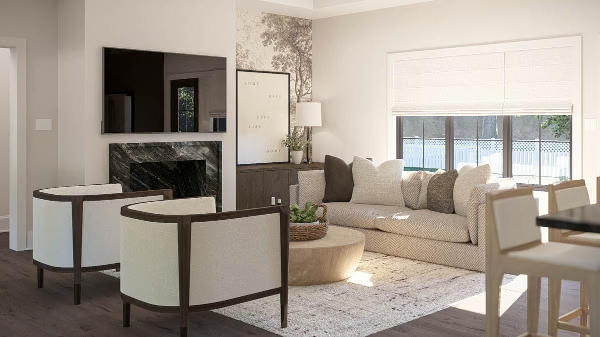 Neutral Living Room with Curved Accent Chairs and Dark Marble Fireplace