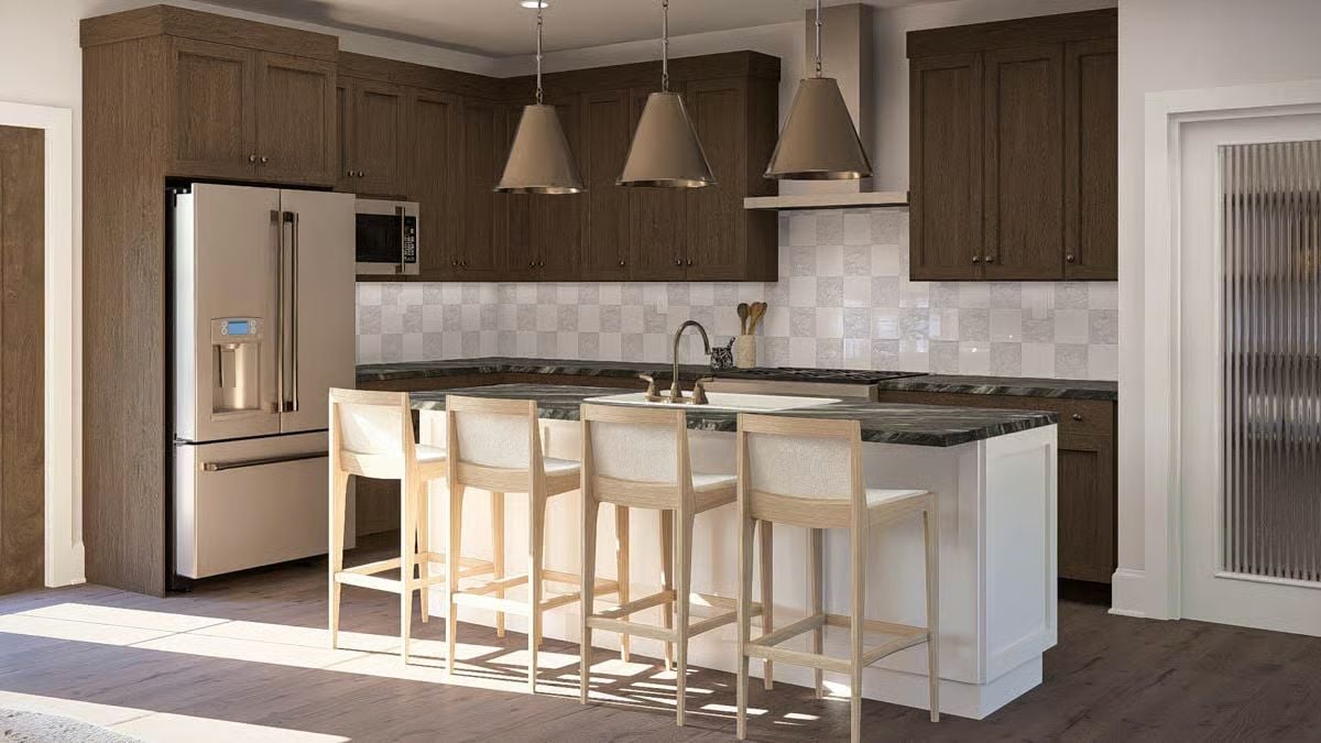 Dark Wood Kitchen with White Island and Checkerboard Tile Backsplash