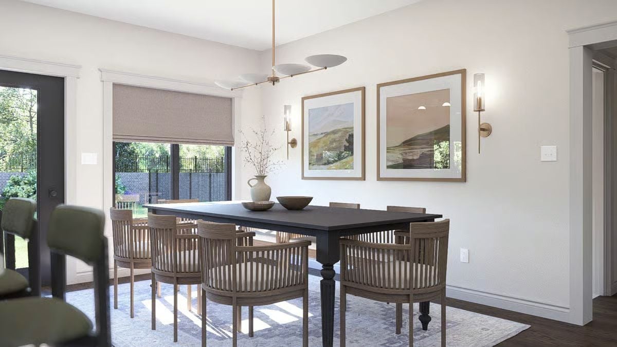 Dining Room with Dual Landscape Art and Slatted Wood Chairs
