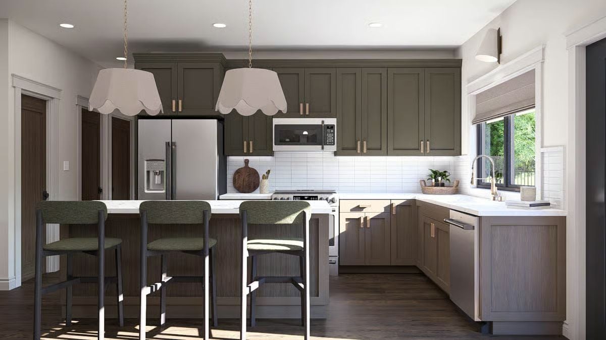 Olive Green Cabinetry and White Subway Tile in Open Kitchen