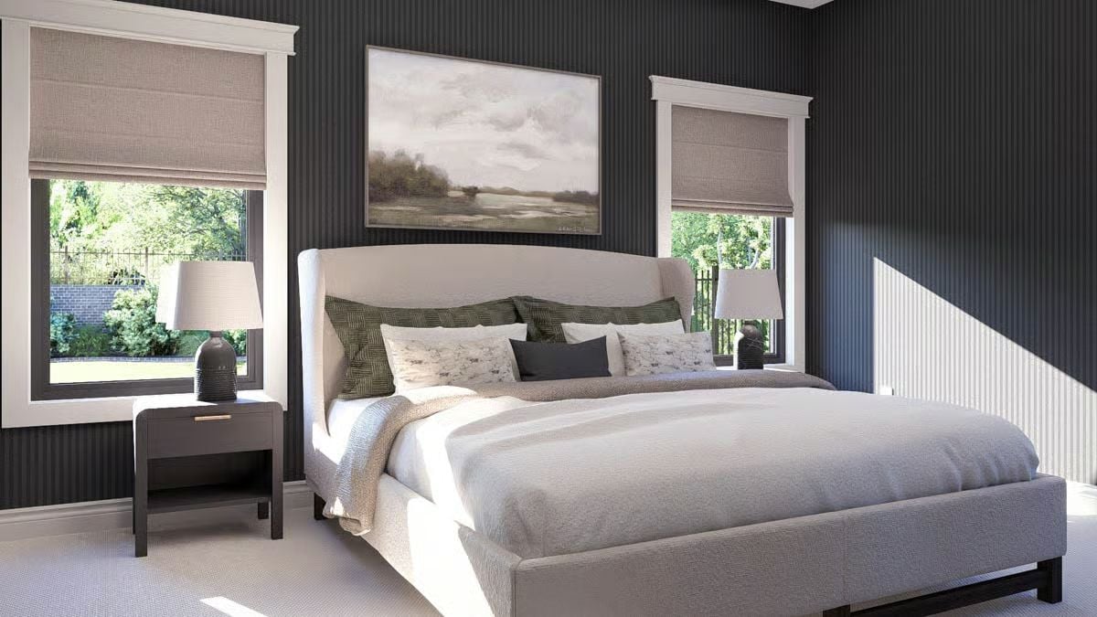 Primary Bedroom with Dark Charcoal Walls and Upholstered Platform Bed