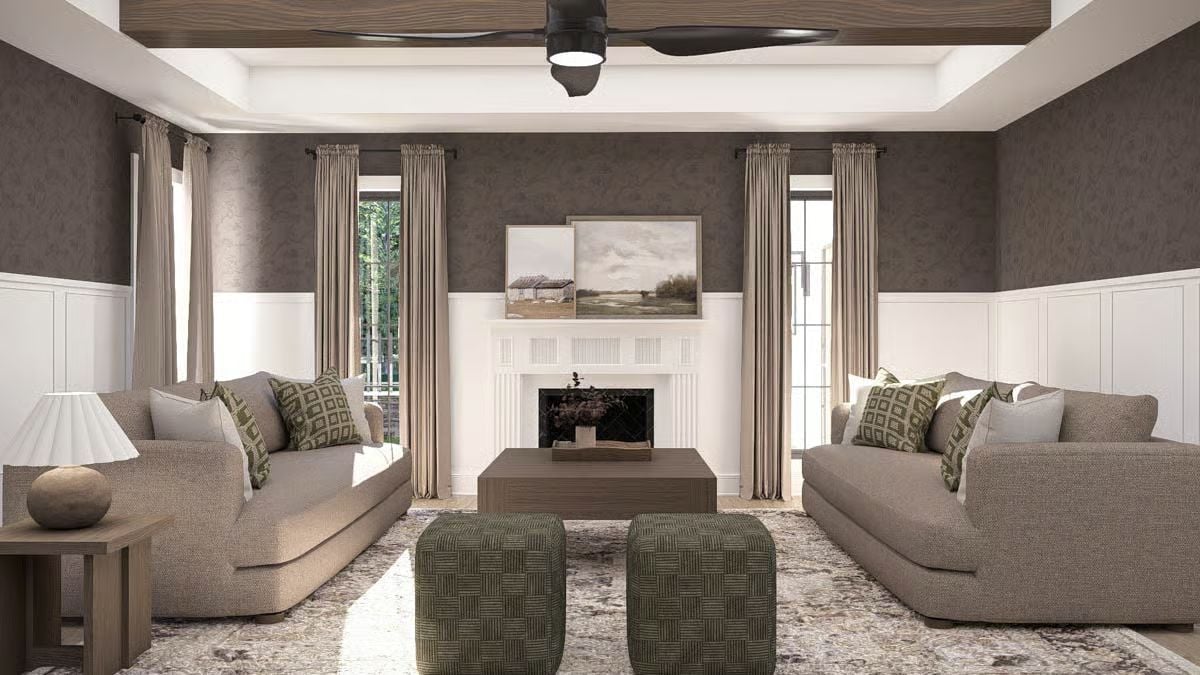 Symmetry and Earthy Tones Set the Tone in This French Country Living Room