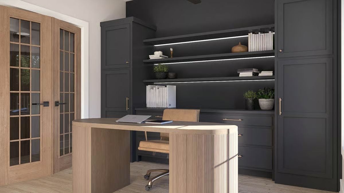 LED Shelf Lighting and Fluted Wood Bring Drama to a Home Office