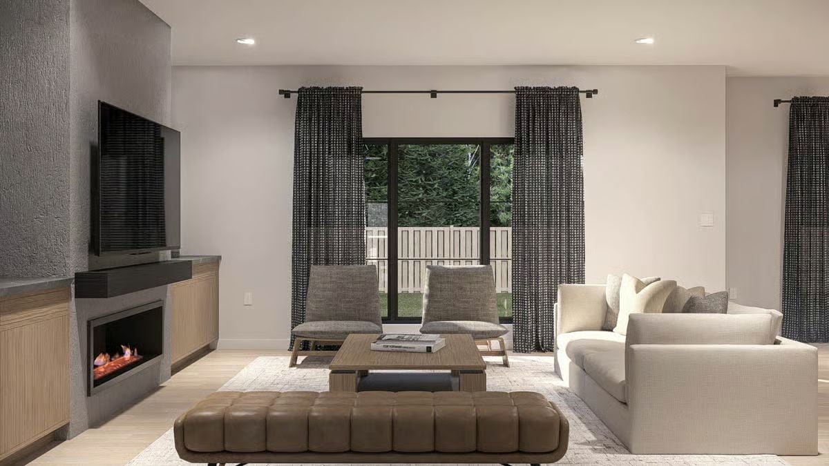 Warm Materials and a Linear Fireplace Ground This Living Room