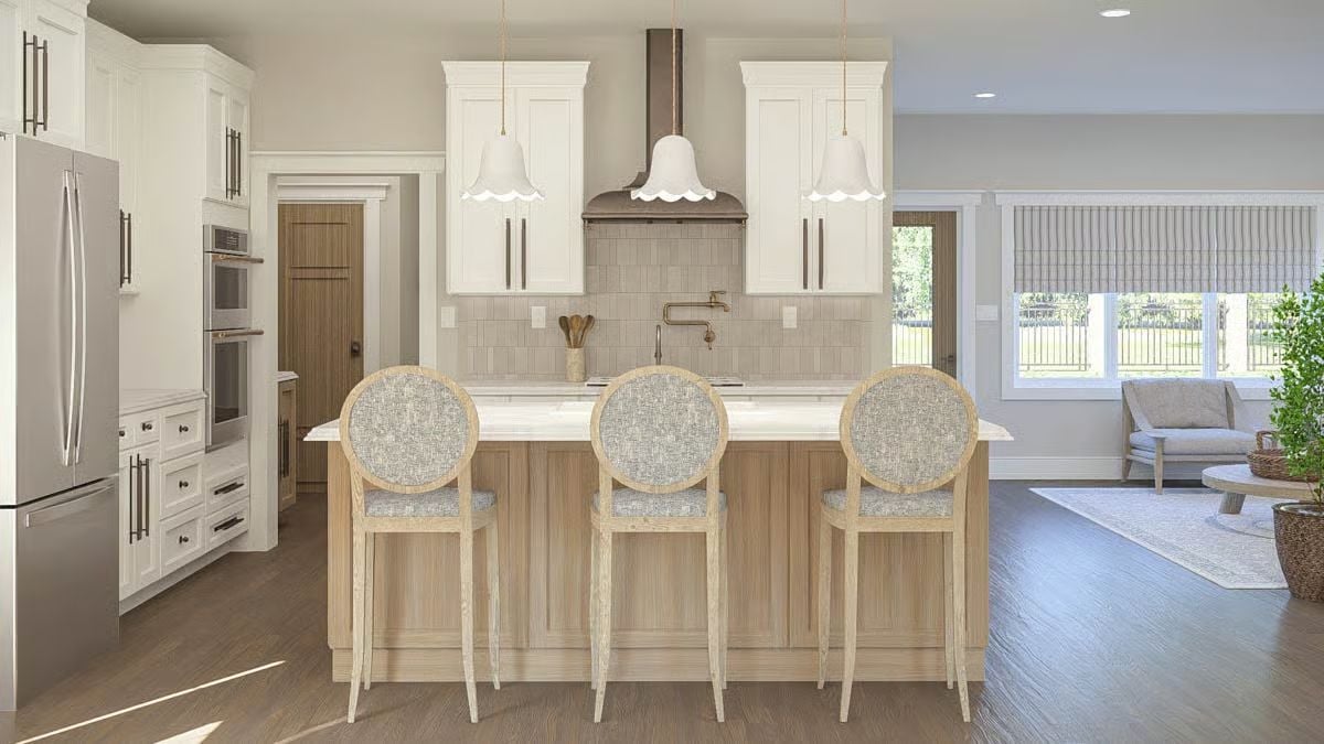 Scalloped Pendants and Warm Wood Tones Set the Tone in This Kitchen