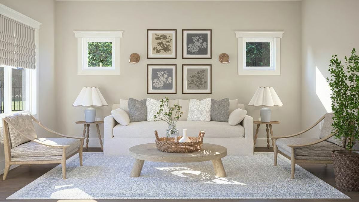 Scalloped Lamps and Botanical Prints Anchor a Living Room Built for Calm