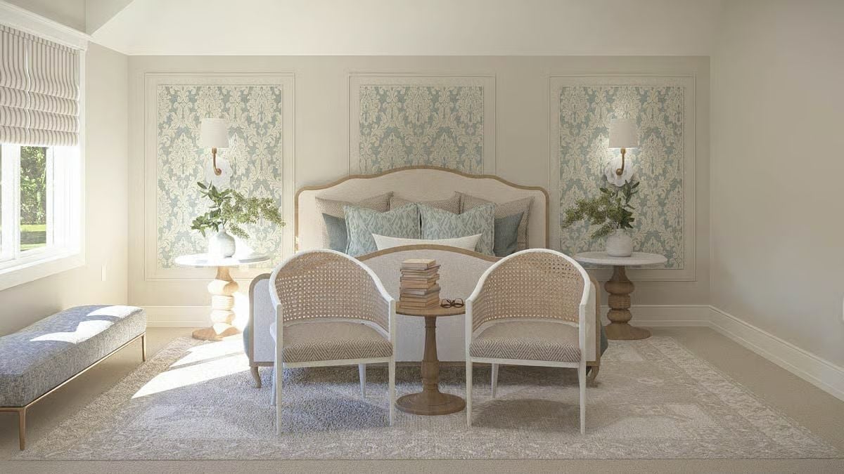 Damask Panels and Cane Chairs Bring French Country Softness to a Primary Bedroom