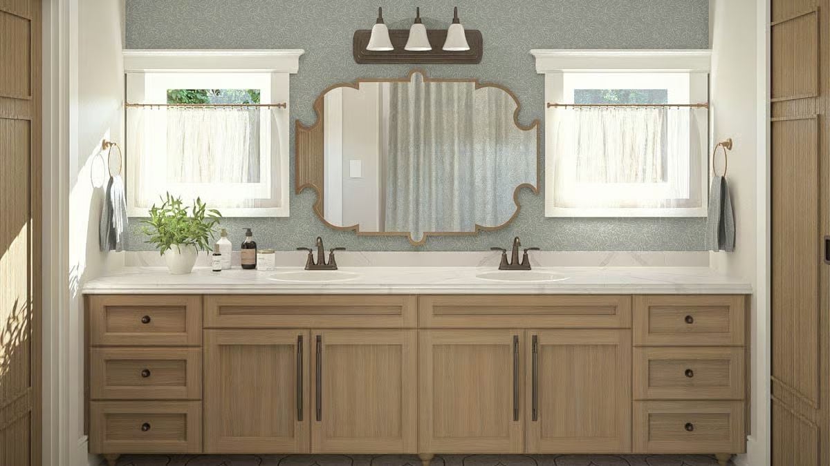 Ornate Mirror and Oak Cabinetry Define a French Country Vanity Worth Lingering At