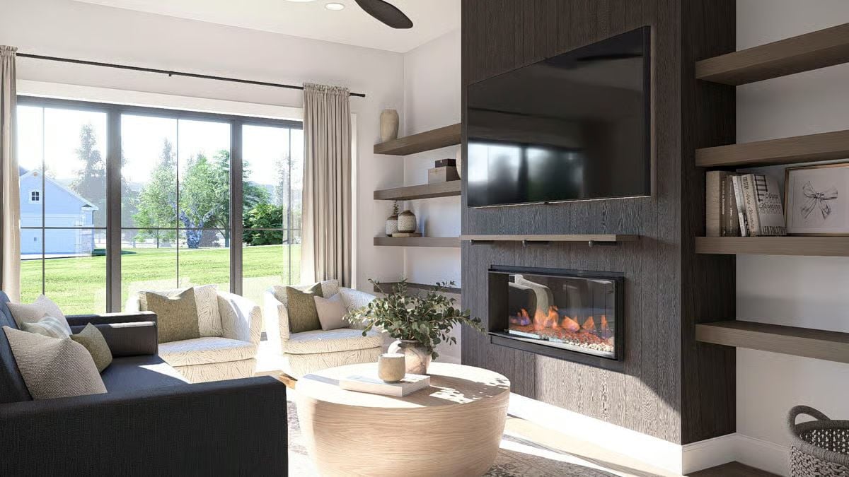 Warm Wood Tones and a Linear Fireplace Anchor This Living Room