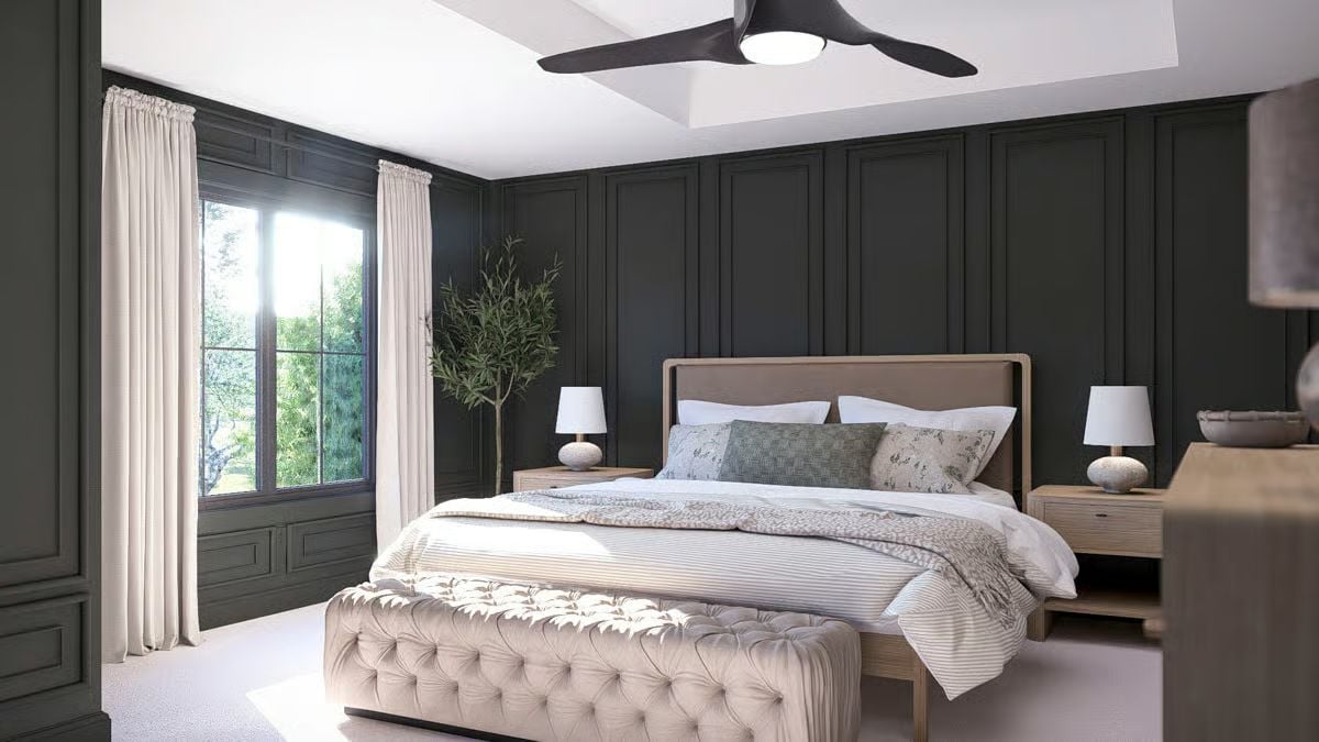 Paneled Walls and a Tufted Bench Give This Primary Bedroom Quiet Drama