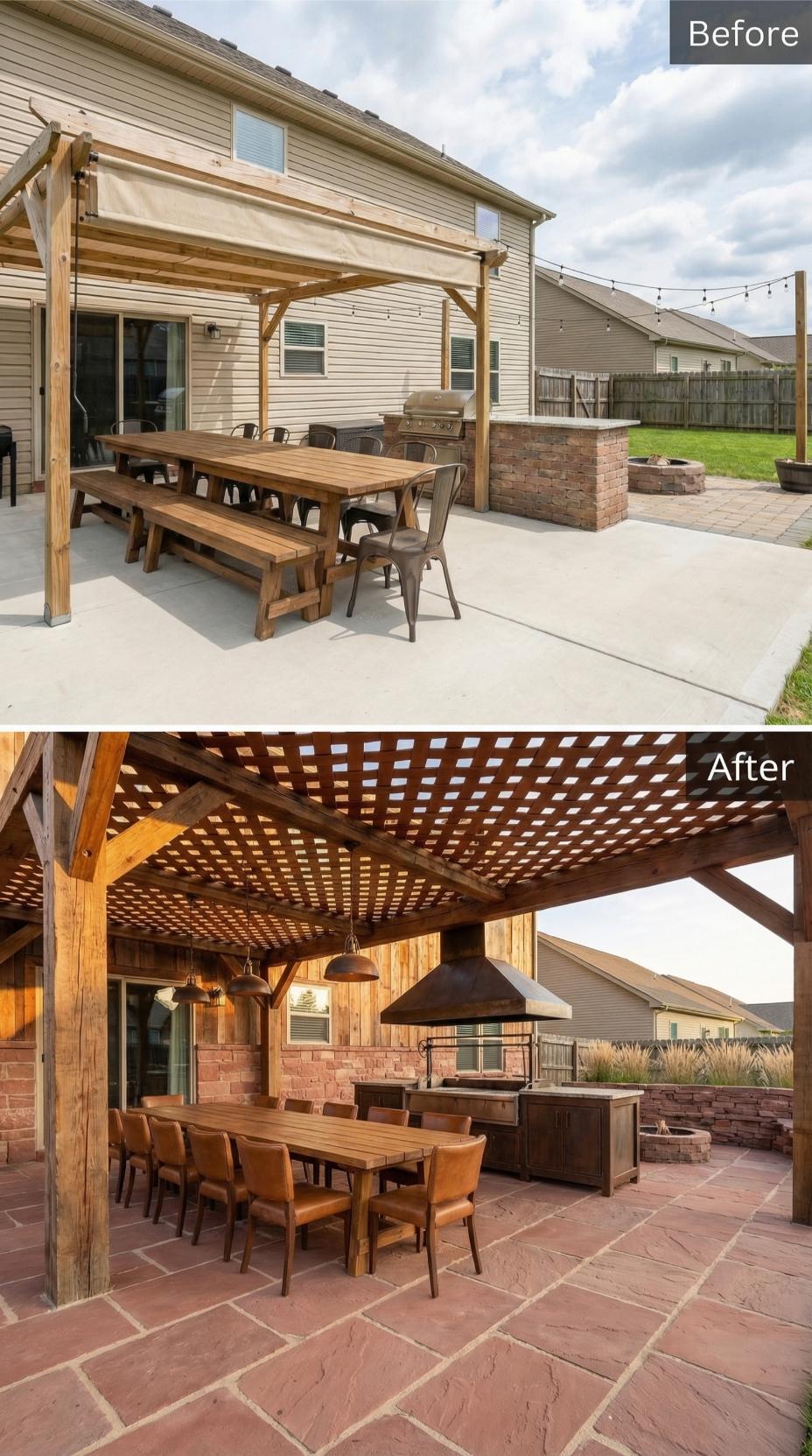 Stained Canvas to Latticed Pergola with Integrated Outdoor Kitchen