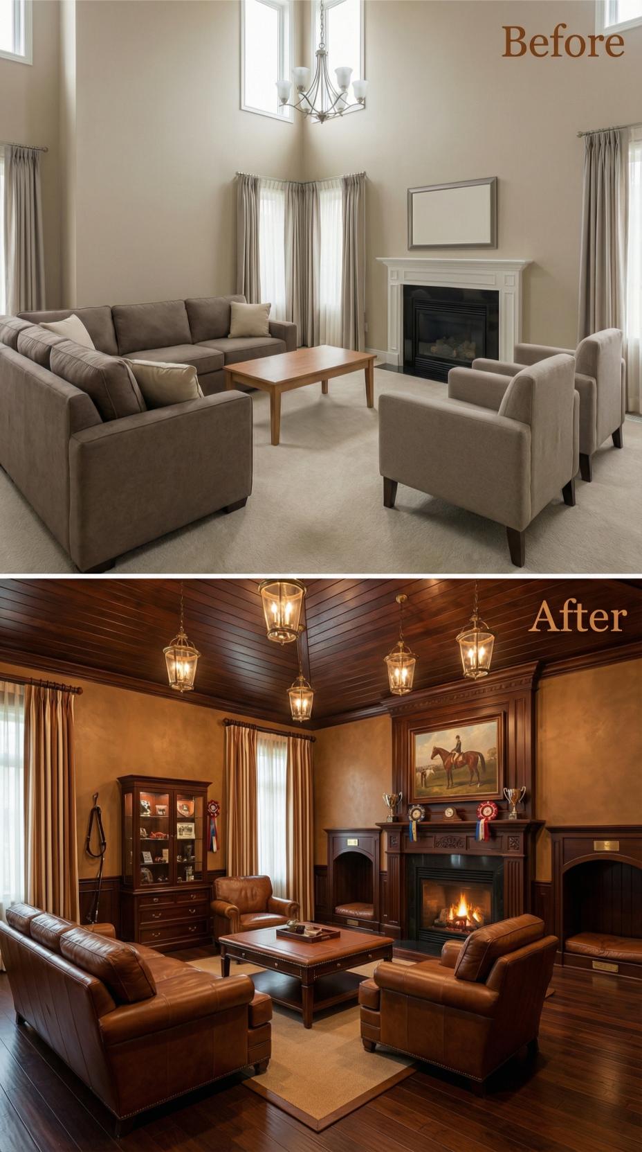 Builder Beige Replaced by Cognac Leather and Planked Mahogany Ceiling