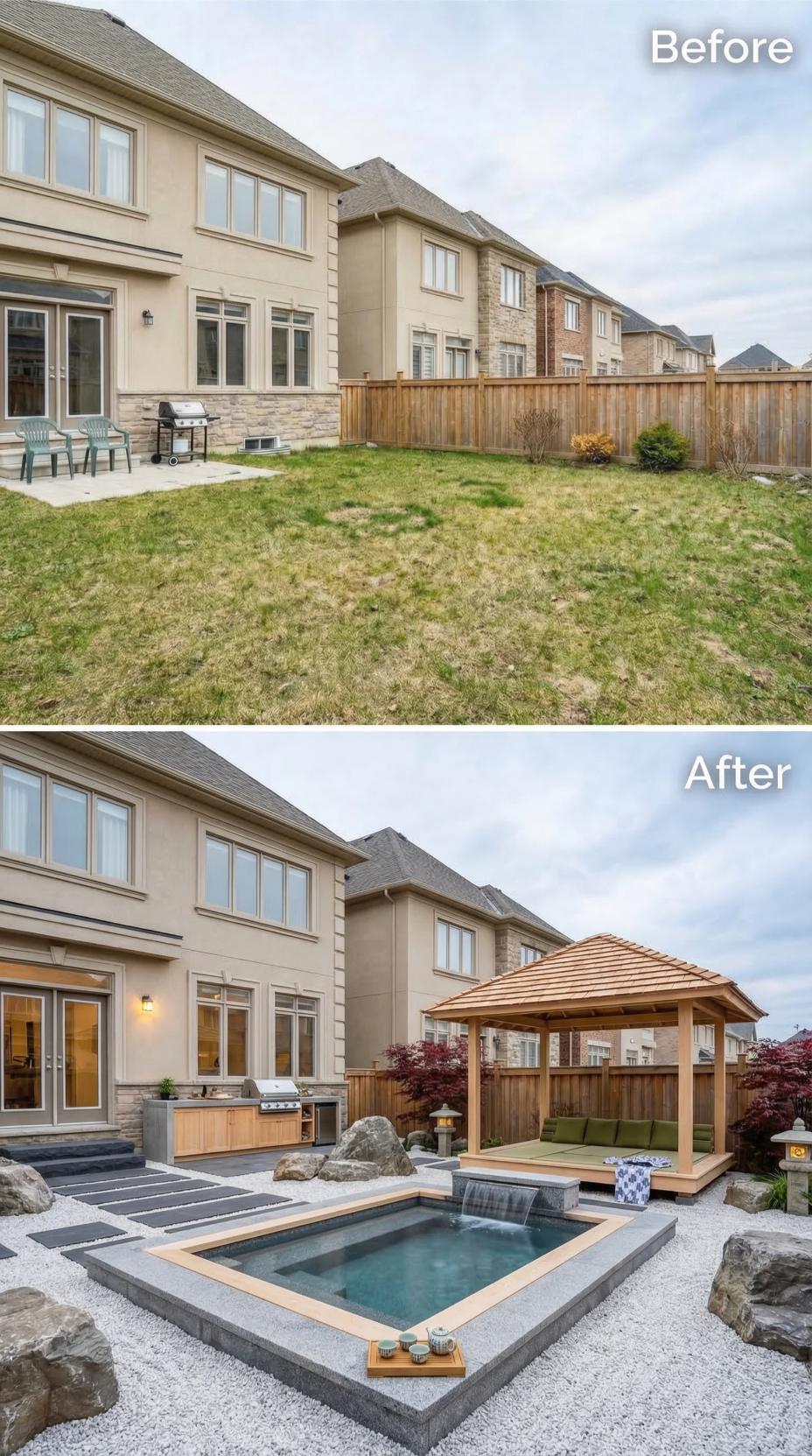 Cedar Pavilion, White Gravel, and a Japanese Soaking Pool Replace a Patchy Lawn