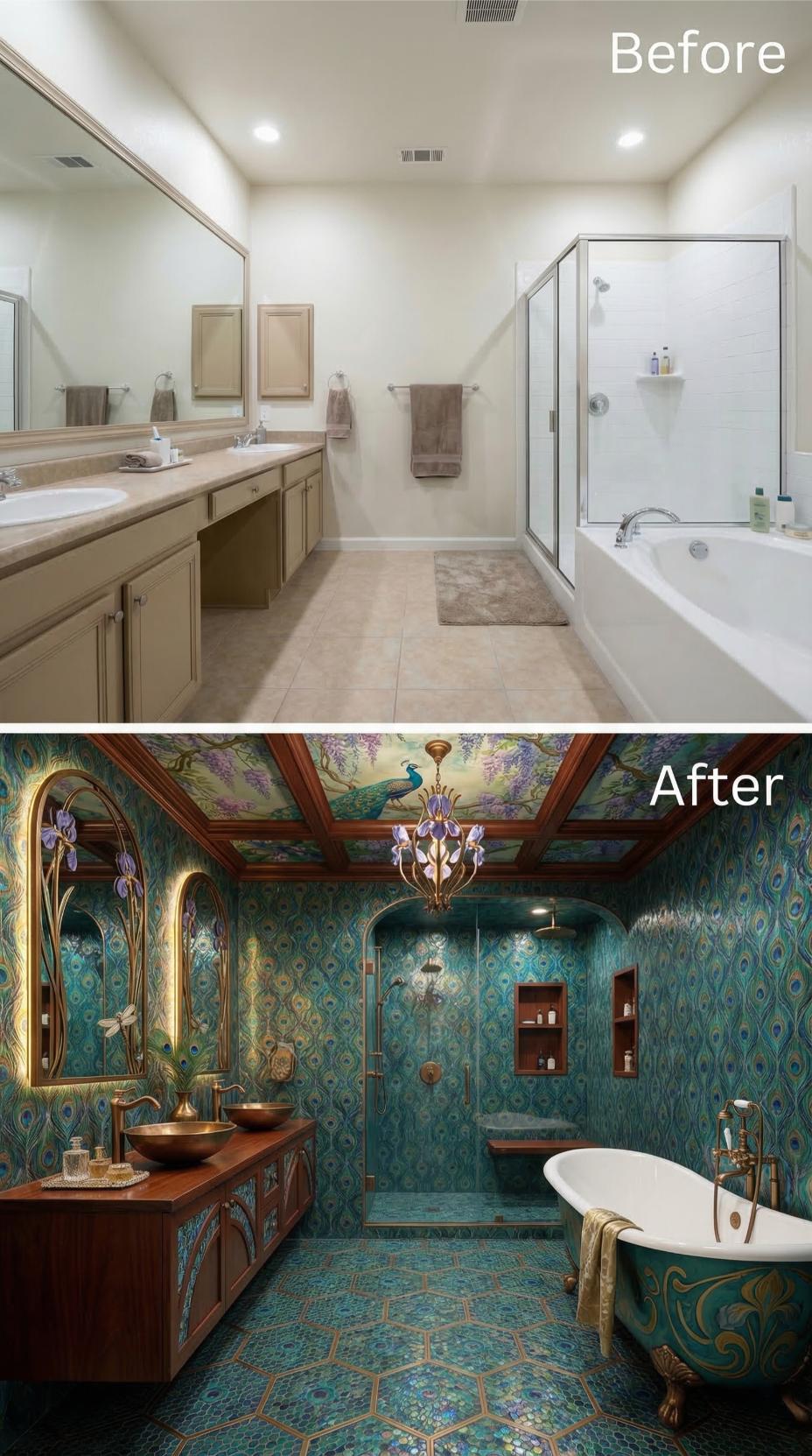Peacock Feather Tile, a Clawfoot Tub, and One Painted Ceiling Later