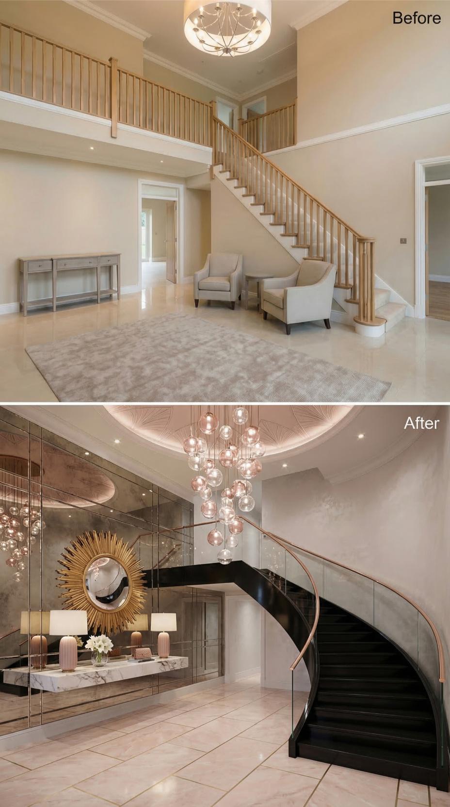 Oak Balusters and Builder Beige Gave Up the Floor to Rose Gold, Smoked Mirror, and Cascading Glass Orbs