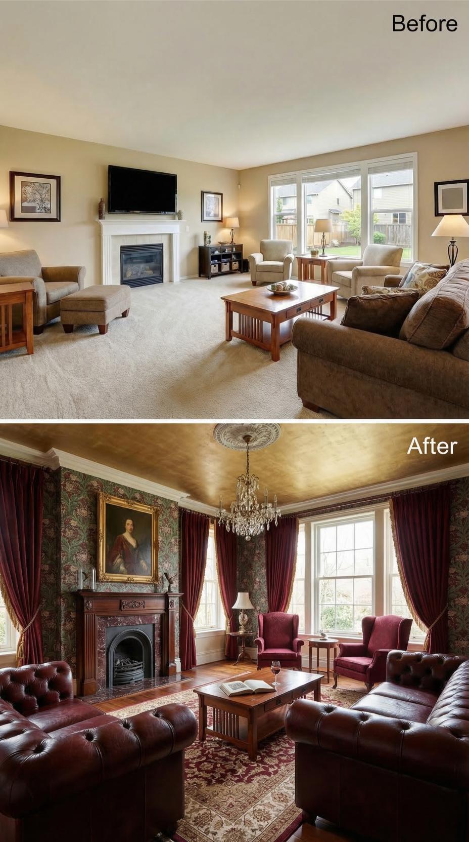 Crimson Leather and Floral Wallpaper Finished Off What Beige Carpet Started