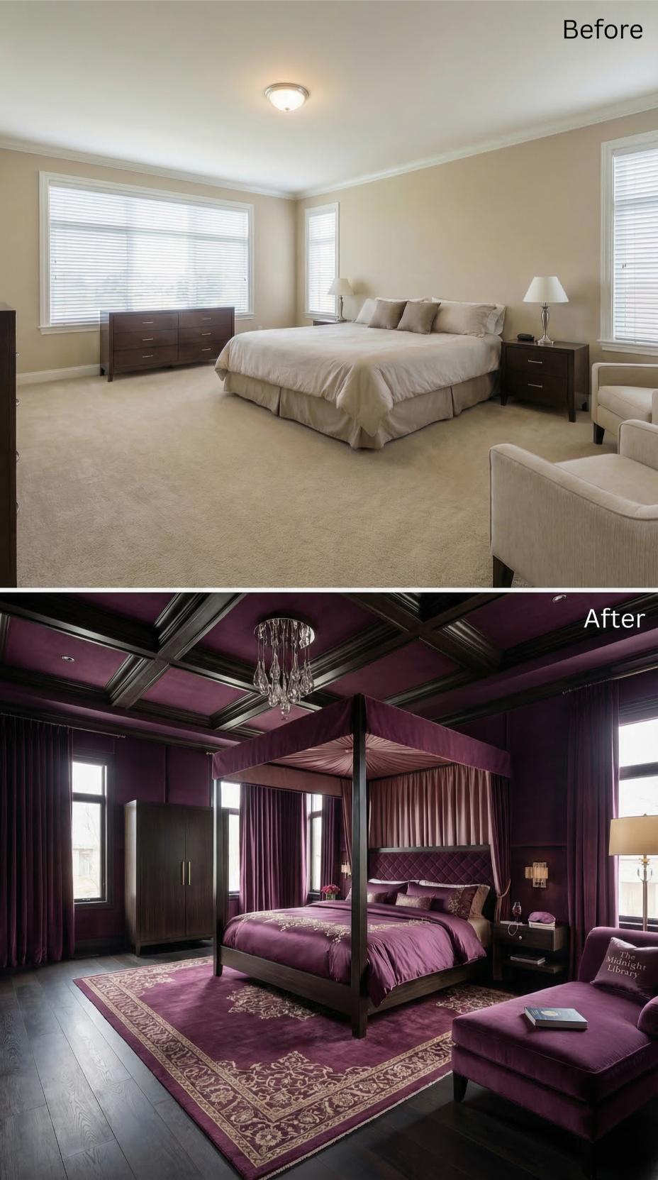 Plum Velvet, Coffered Ceilings, and Dark Hardwood Replaced Carpet and Beige