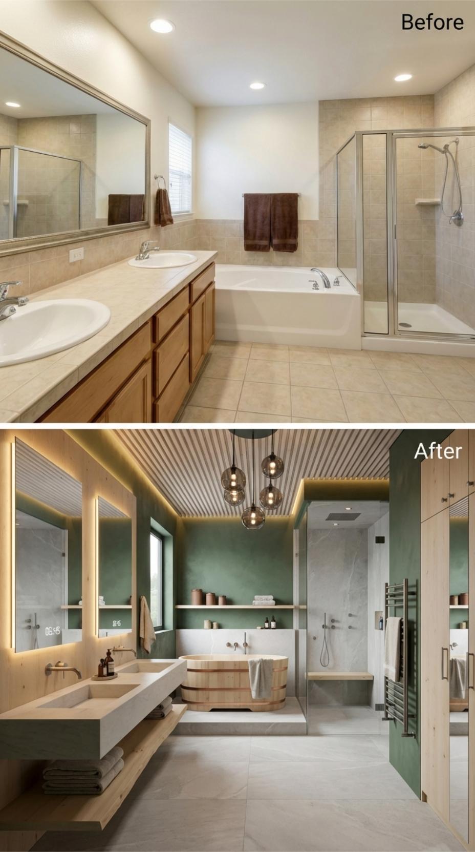 Forest Green Walls and a Japanese Soaking Tub Erased Oak Cabinets Completely