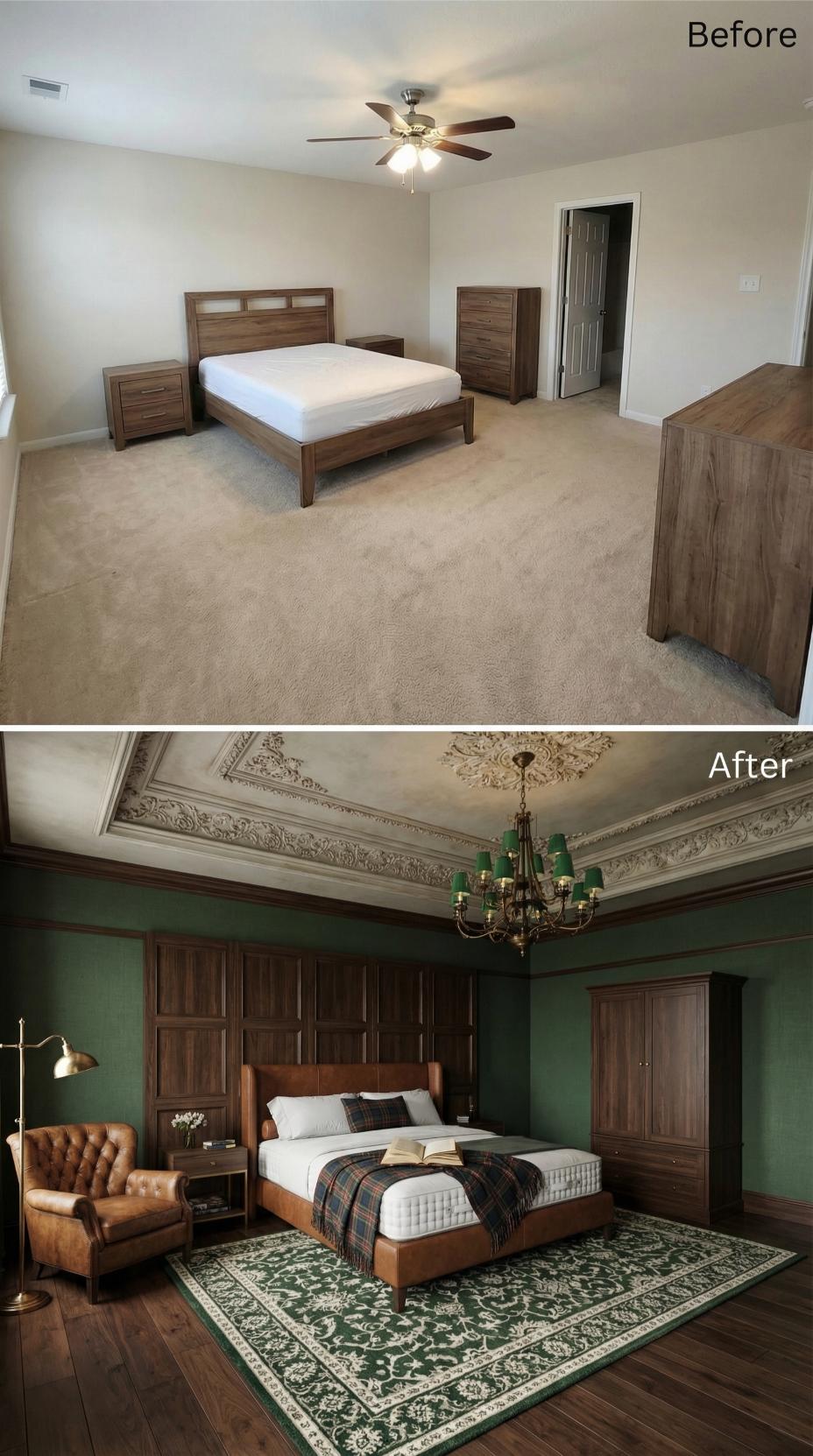 Ornate Crown Molding and Forest Green Walls Anchor Victorian Revival