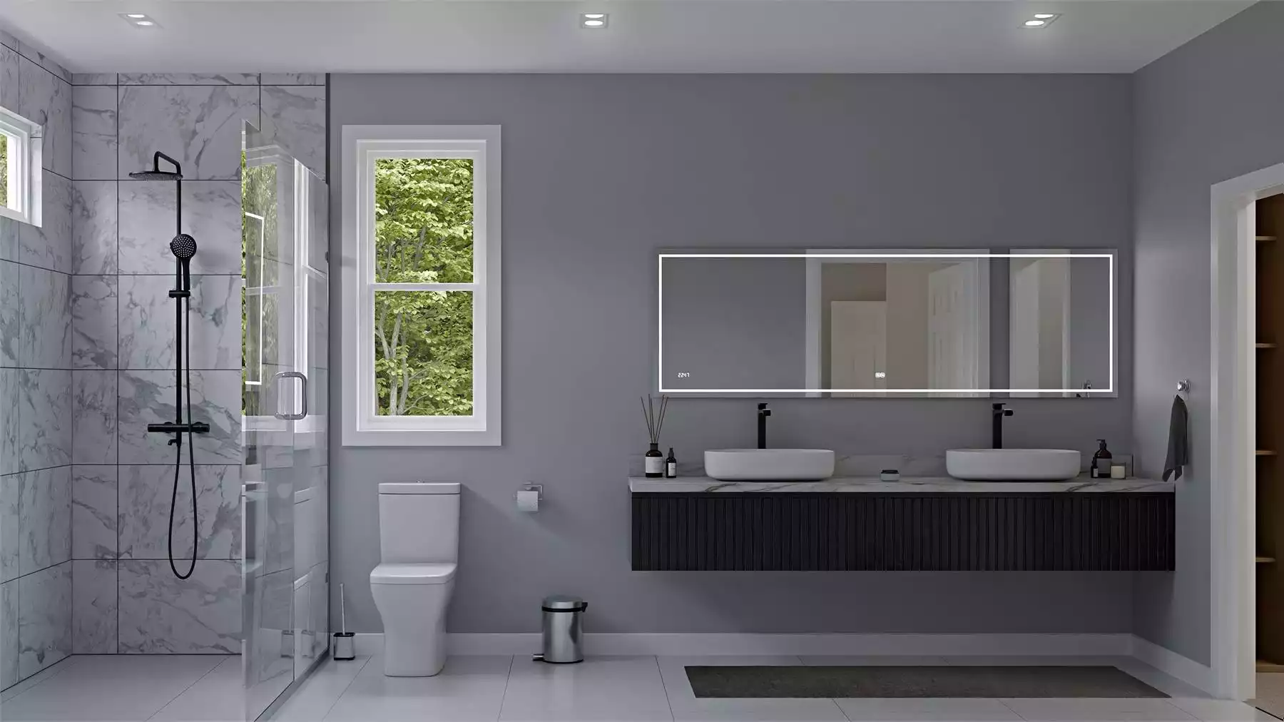 Marble Tile, Matte Black Fixtures, and Floating Vanity Define a Modern Primary Bath