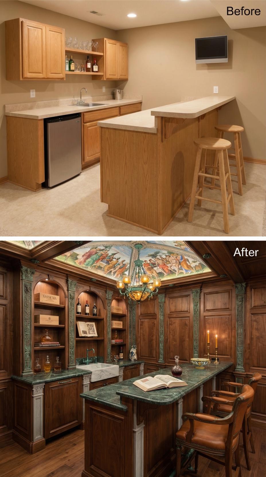 Sistine Chapel Replica Ceiling Anchors Walnut and Verde Marble Library