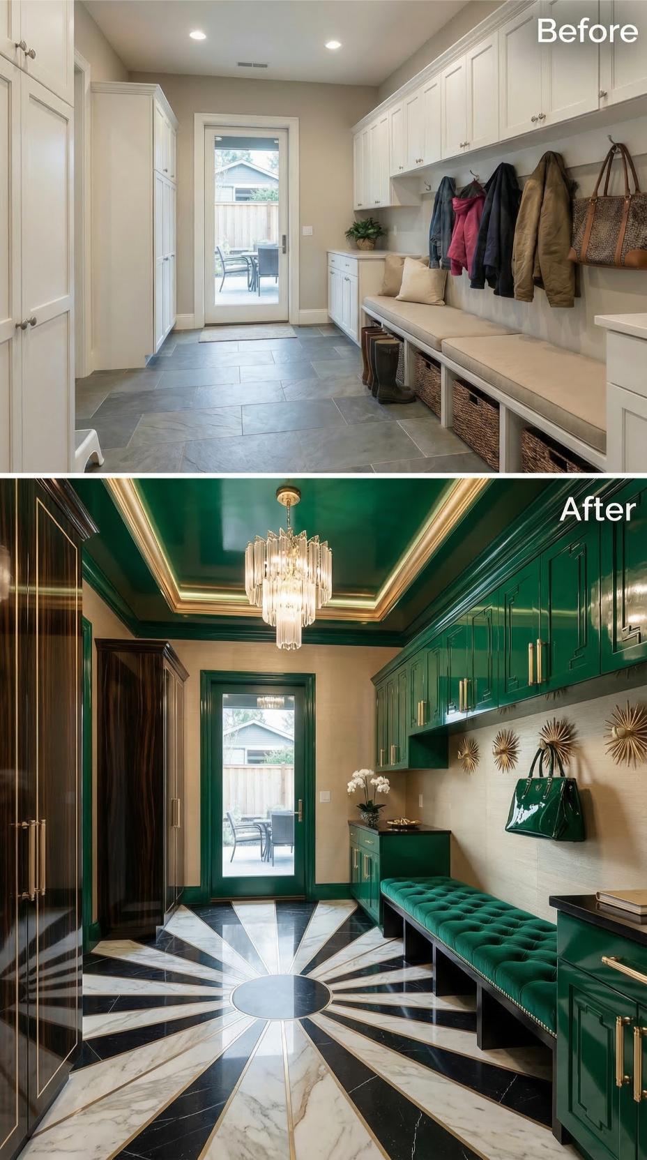 Emerald Lacquered Cabinets and Sunburst Flooring Replace Practical Neutrals