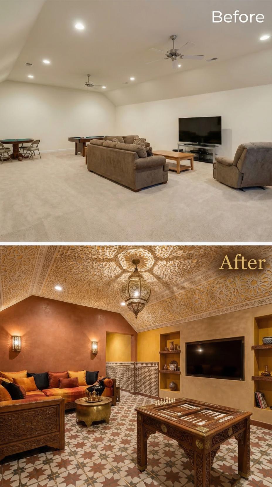 Moroccan Riad Comes Home with Carved Plaster Ceiling and Terracotta Walls