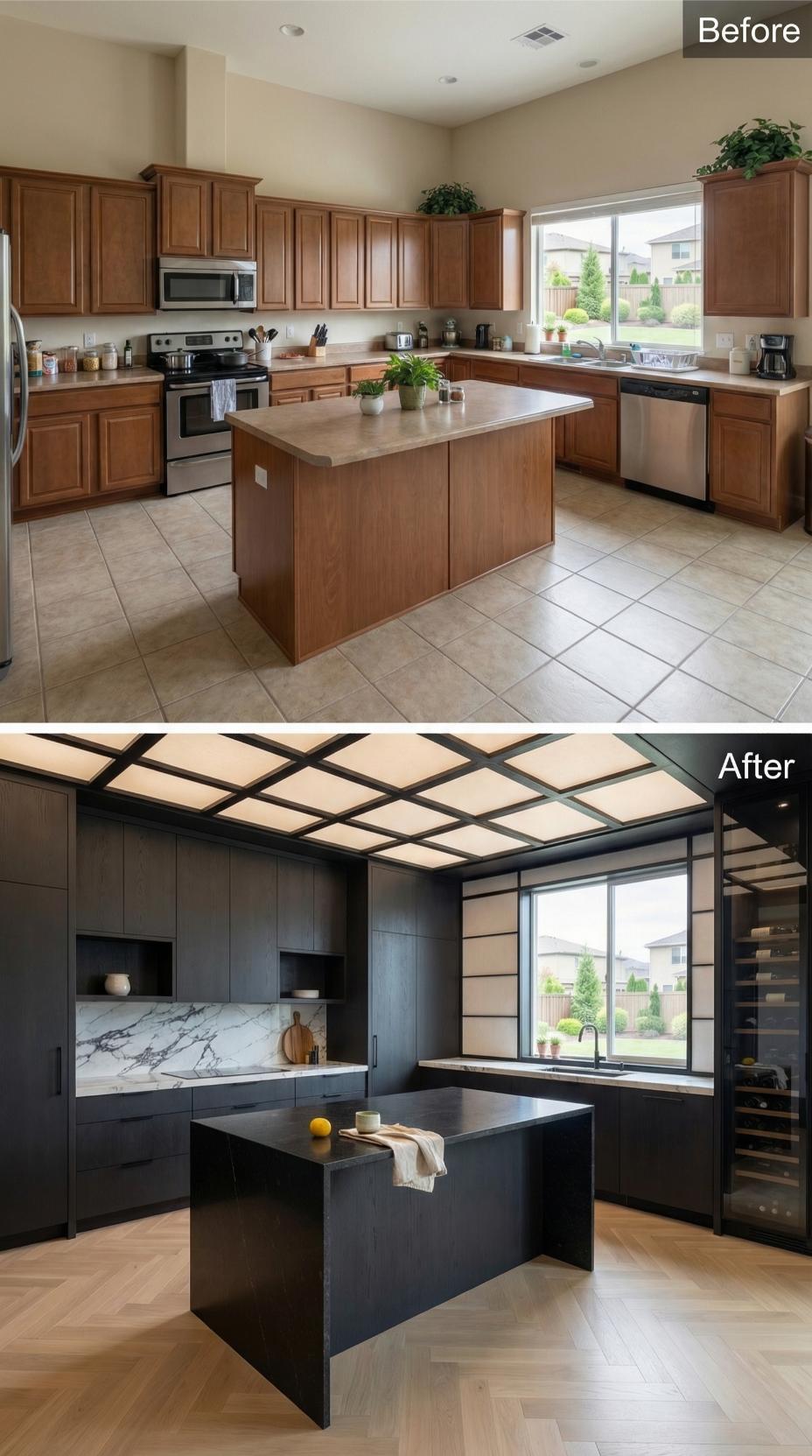 Charcoal Slab Cabinetry and Backlit Ceiling Grid Create Modern Drama