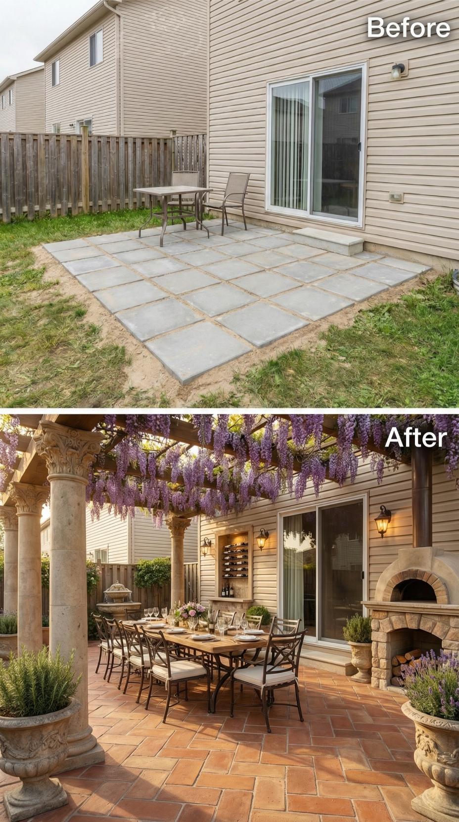 Basic Paver Square Demolished for Tuscan Pergola with Wisteria Canopy